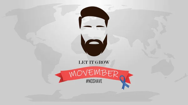 Movember - рак простати і людина питання залози поінформованості місяць. Обличчя людини з бородою і вусами або вуса. Світова карта фону. — стоковий вектор