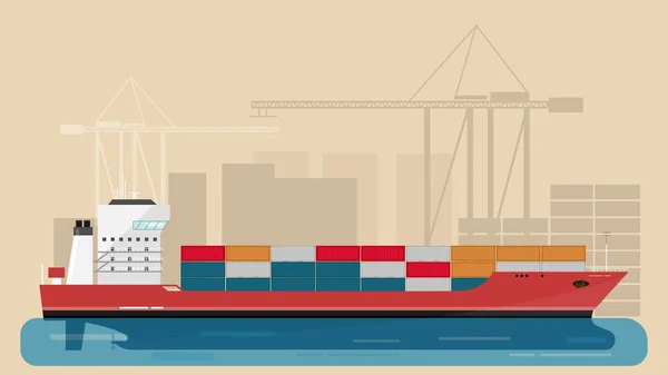Cargo hamn med frakt lastfartyg och hamnen hamnkranar och staden element. Vektorillustration. — Stock vektor