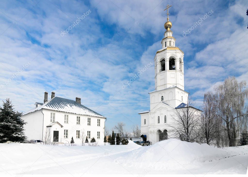 Gate bell tower with the Church of Archangel Michael in Zilantov Svyato-Uspensky monastery, Kazan, Russia.