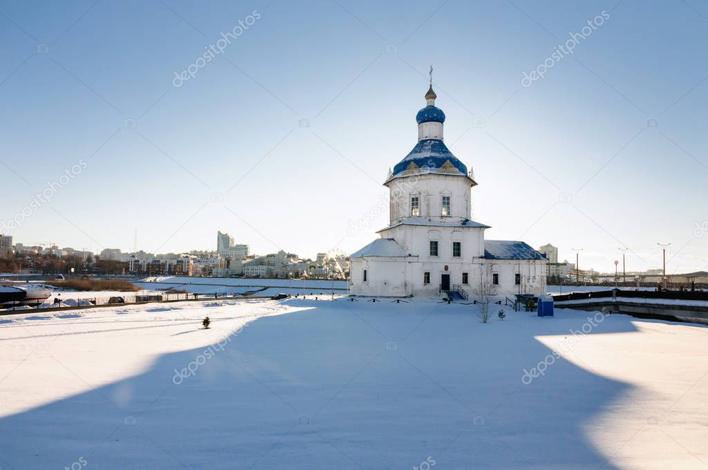 Assumption Church in the city center of Cheboksary, Chuvashia, Russia, backlight.