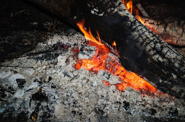 燃烧的原木在火中燃烧的煤. — 图库照片