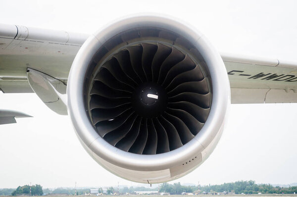 Turbojet engine under the wing of a passenger aircraft, Russia.