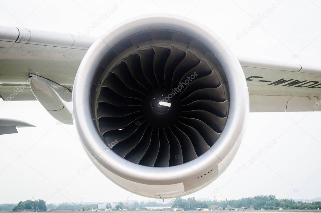 Turbojet engine under the wing of a passenger aircraft, Russia.