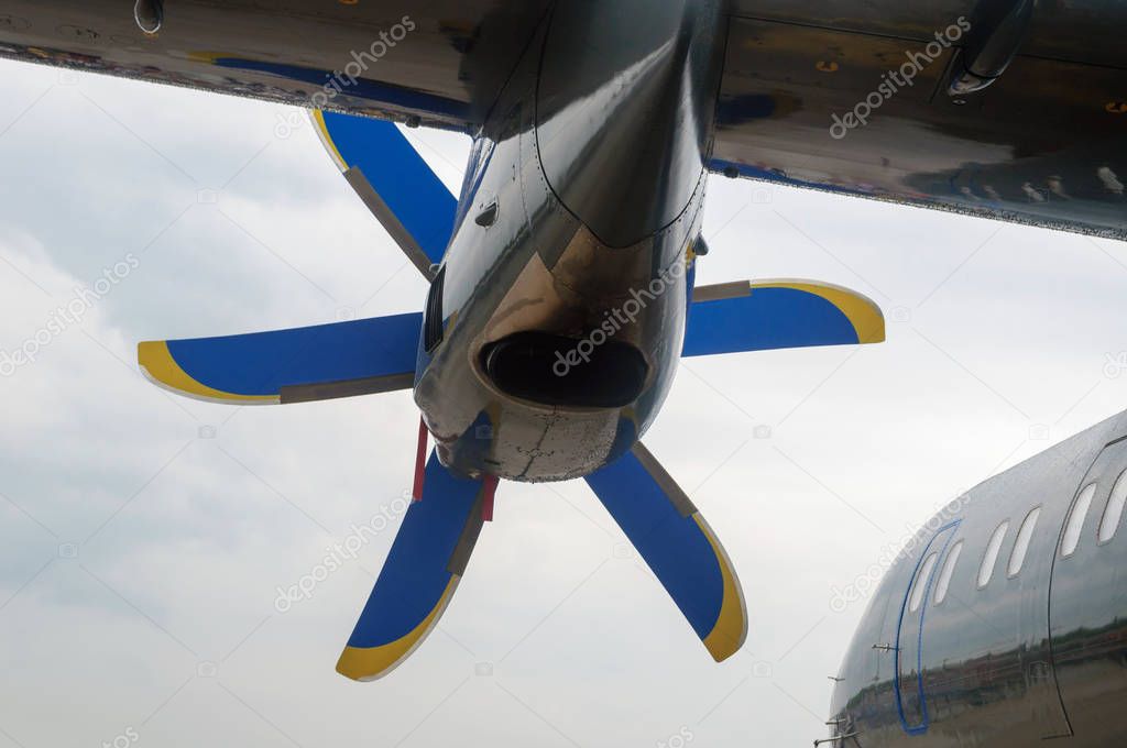 Turboprop engine under the wing of a passenger aircraft Russia.