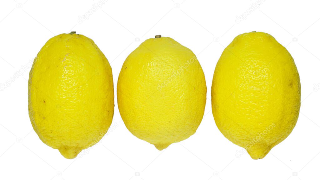 Top view of three yellow fresh lemons, isolated on white background.