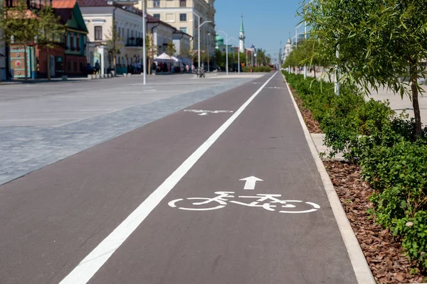White Bike Path Sign Sidewalk Selective Focus Stock Image