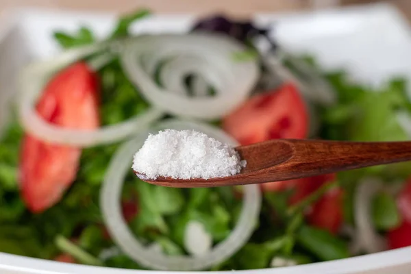 Salt Wooden Spoon Vegetable Salad Selective Focus — Stock Photo, Image