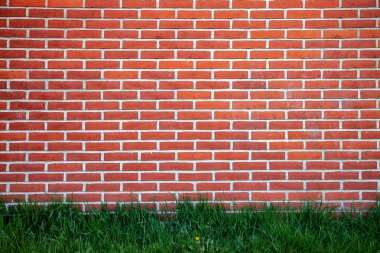 full frame of brick wall and green lawn background clipart
