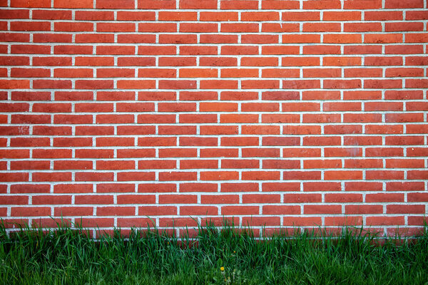 full frame of brick wall and green lawn background