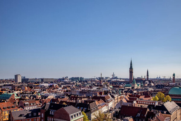 aerial view of beautiful cityscape with historical and modern buildings in copenhagen, denmark