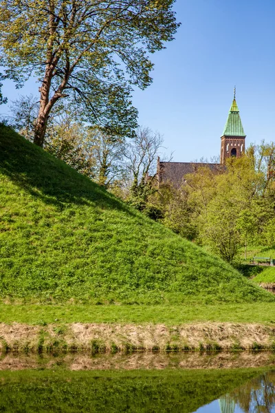 Зелений пагорб і дерева відображені в спокійній воді і красивий старий палац позаду, Копенгаген, денмарк — стокове фото