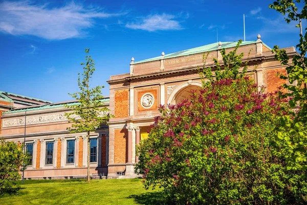 Beautiful blooming lilacs and green lawn near old building in copenhagen, denmark — Stock Photo