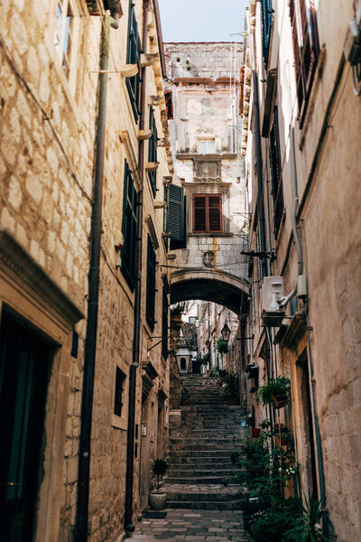 urban scene with empty narrow street in Dubrovnik city, Croatia