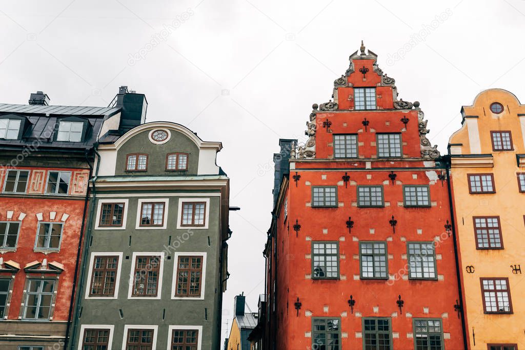 urban scene with beautiful colorful buildings in old town of Stockholm, Sweden