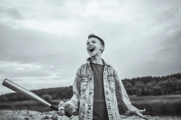 Low Angle View Excited Boy Denim Jacket Holding Baseball Bat — Stock Photo, Image