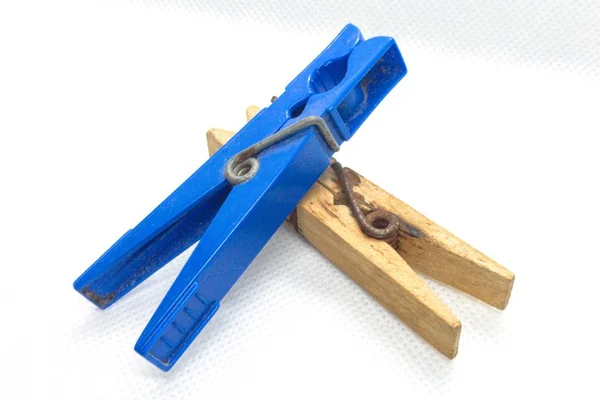 Blue Plastic Wood Clip White Background — Stock Photo, Image