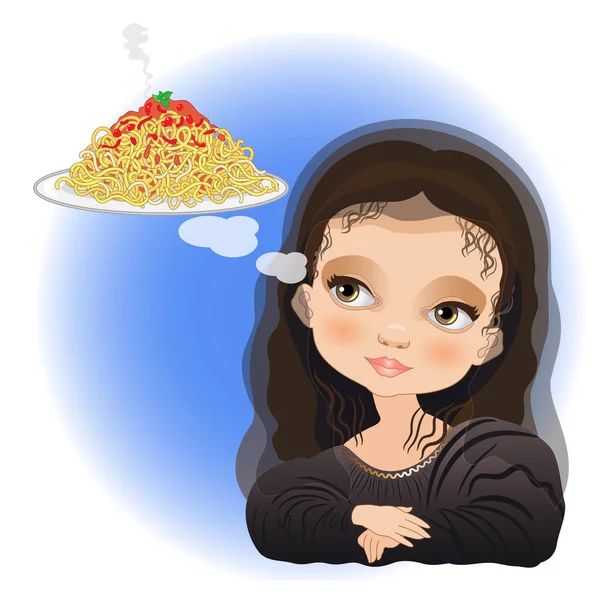 Monna Lisa Imagining Nice Plate Spaghetti — Stock Vector