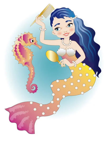 Sirena Pelo Azul Con Caballito Mar — Vector de stock