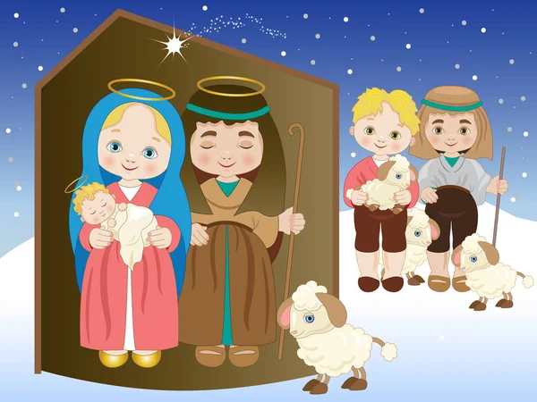 Natividad Jesús Con Familia Santa Pastores — Vector de stock