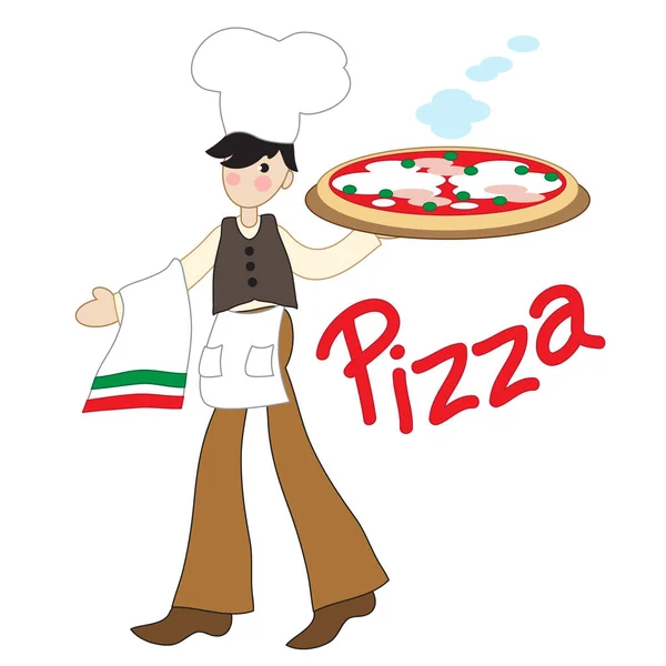 Young Pizza Maker Brings Big Pizza White Background — Stock Vector