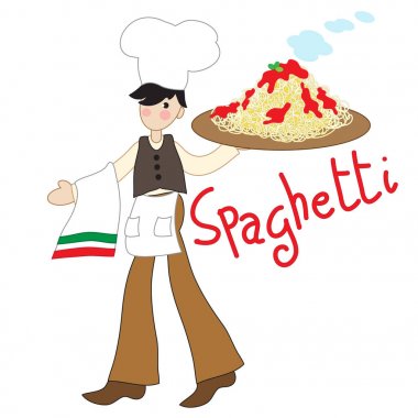 Genç bir İtalyan şef masaya spagetti büyük bir tabak getiriyor