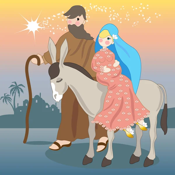 Maria Auf Dem Esel Und Josep Gehen Nach Bethlehem Jesus — Stockvektor