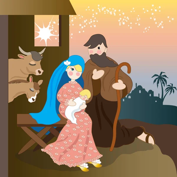 Mary Joseph Hut Little Newborn Jesus Humanity — Stock Vector