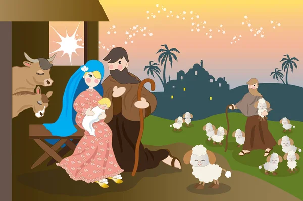 生まれたばかりの赤ちゃんイエスと小屋でマリヤとヨセフ — ストックベクタ