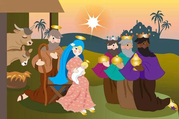 耶稣与圣家和法师的诞生场景 — 图库矢量图片
