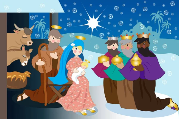 耶稣在小屋里与神圣的家庭和智者一起带来礼物的圣诞场景 — 图库矢量图片#