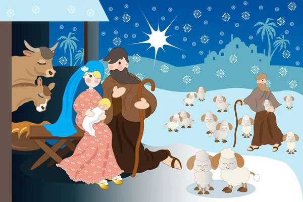 Scène Nativité Sous Neige Jésus Dans Cabane Avec Une Sainte — Image vectorielle