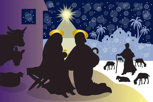 在雪地下代表耶稣的诞生 描绘圣家和牧羊人的剪影 — 图库矢量图片#