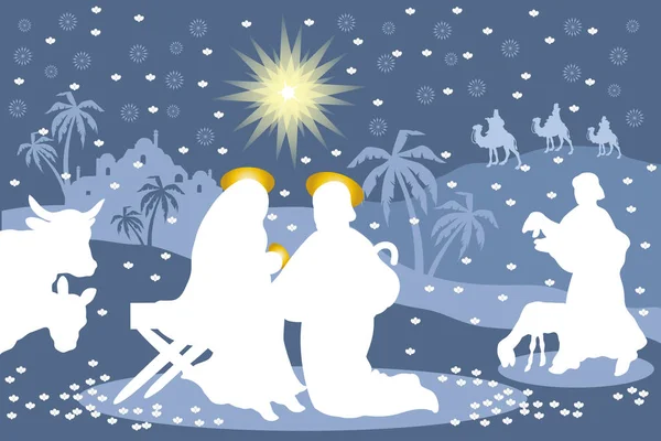 Natività Gesù Con Santa Famiglia Pastore Magi Con Neve Che — Vettoriale Stock