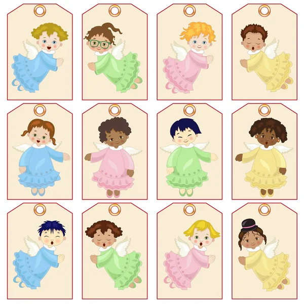 Lot Étiquettes Avec Trou Pour Ruban Avec Des Petits Anges — Image vectorielle