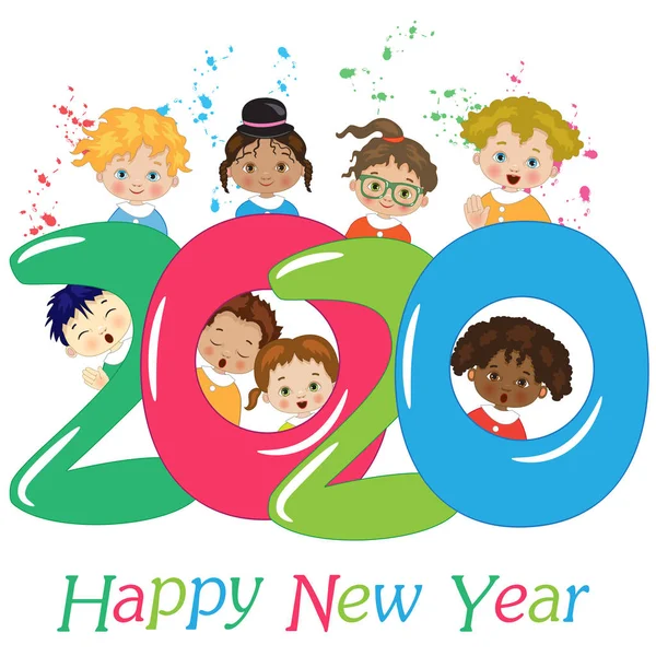 Ilustração Colorida Com Crianças Várias Etnias Para Desejar Novo Ano — Vetor de Stock
