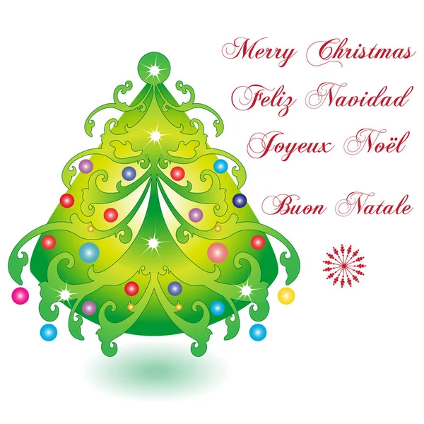 Καλά Χριστουγεννιάτικη Ευχετήρια Κάρτα Διακοσμημένο Δέντρο Λευκό Φόντο Και Κείμενο — Διανυσματικό Αρχείο