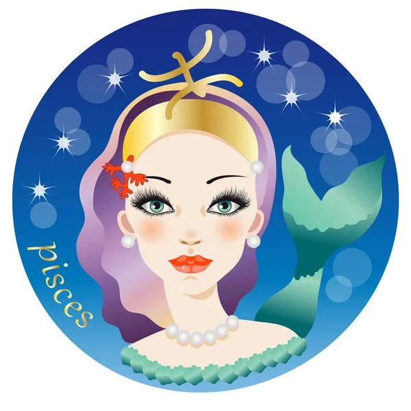 Beautiful Female Face Representing Water Zodiac Sign Pisces — Stock Vector
