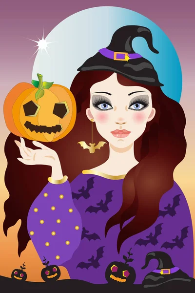 Illustration Für Die Halloween Party Mit Einer Schönen Hexe Die — Stockvektor