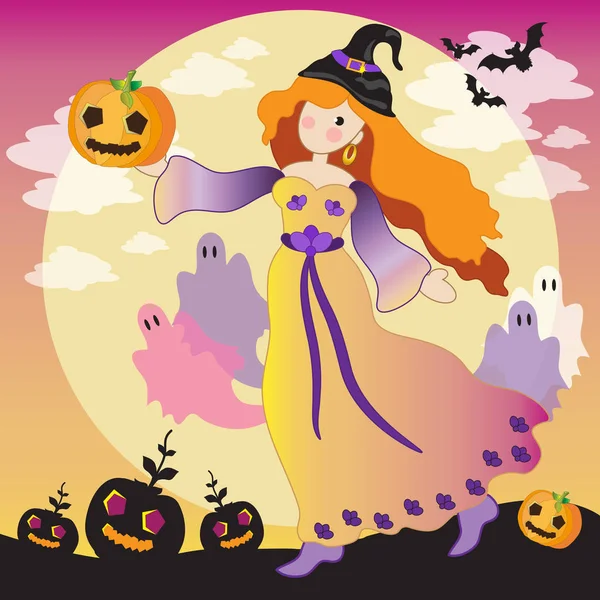 Halloween Con Divertida Colorida Brujita Con Fantasmas Calabazas Murciélagos — Archivo Imágenes Vectoriales