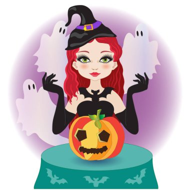 Cadılar bayramını kutlamak için balkabaklı ve hayaletli güzel cadı