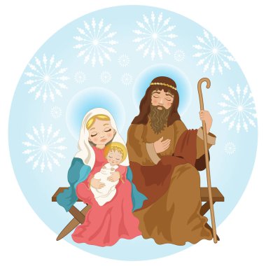 Kutsal aile kar yağarken büyülü bir gökyüzünün altında