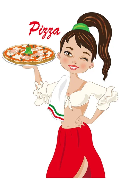 Uma Linda Garota Sorridente Com Pizza Italiana —  Vetores de Stock