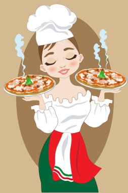 Ellerinde iki pizza olan güzel bir İtalyan kız.
