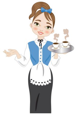 Çok şık bir üniforma içindeki genç garson beyaz bir arka planda espresso getiriyor.