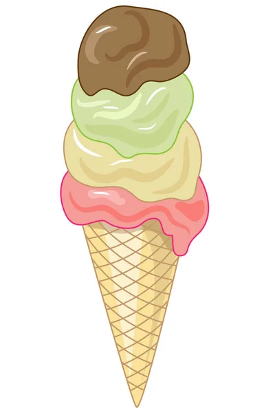 Cono Helado Grande Cuatro Sabores Diferentes Crema Chocolate Pistacho Fresa — Vector de stock