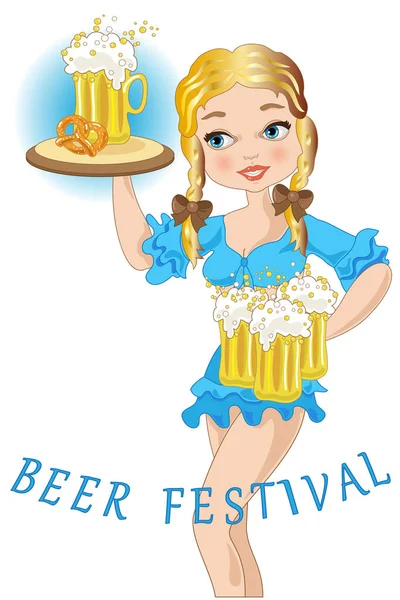 Bierfestival Met Mooi Meisje Met Dienbladen Karaffen — Stockvector