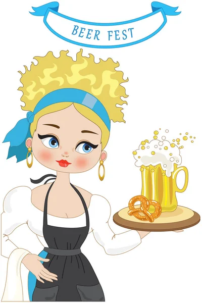 Festival Cerveza Con Hermosa Chica Llevando Bandejas Jarra — Vector de stock