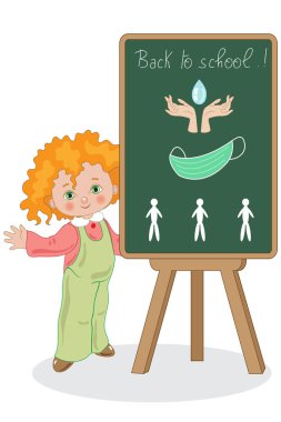 Tahtası olan bir çocuk, okul için COVID-19 önlemini açıklıyor.