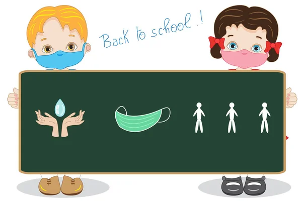 Twee Kinderen Met Een Groot Schoolbord Beginnen Graag Lessen School — Stockvector