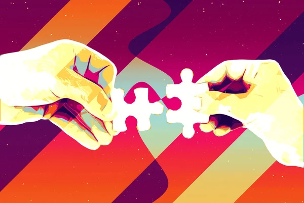 Hands with two puzzle pieces abstract background , modern illustration for teamwork, partnership , relationship , connection and cooperation business design